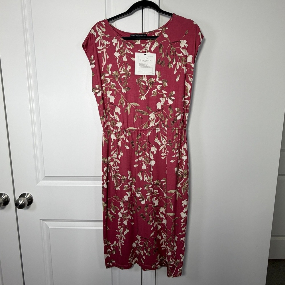 Peruvian Connection Majorca Dress Medium Red Floral Viscose Jersey Sheath‎ NWT
